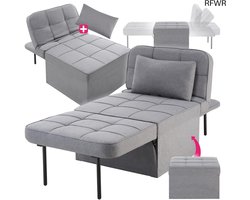 RFWR® 4-in-1 Comfortabele Loungestoel met Slaapfunctie - Modulaire Bank Leesstoel - Opklapbare Meubel voor Slaapkamer, Tienerkamer of Woonkamer - Grijs
