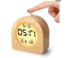 RFWR® Digitale Wekker met Houtafwerking en LCD Display – Sluimerfunctie, Temperatuurweergave en Dagrond licht – Ideaal voor Thuis en Reizen