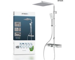RFWR® Douchesysteem met Thermostaat en Glazen Legplank - Regendouche met Wandhouder en Douchekop - Chroom/Antraciet