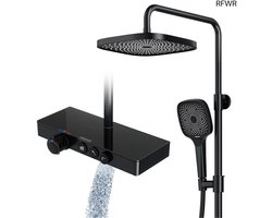 RFWR® Douchesysteem met thermostaat en glazen plank, compleet met regendouche en handdouche