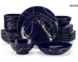 RFWR® Elegante 24-delige serviesset voor 6 personen met gouden marmerdesign en pastakommen