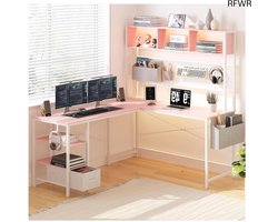 RFWR® L-vormig gaming bureau met RGB verlichting, stopcontacten en USB poorten, omkeerbare computertafel 120 x 148 cm