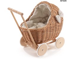 RFWR® Poppenwagen van wilgentenen met linnen beddengoed - Natuurlijk kinderspeelgoed en kindercadeau