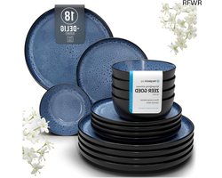 RFWR® Tafelservies voor 6 Personen - 18-delige Serviesset in Diepblauw en Zwart - Aardewerk, Vaatwasser- en Magnetronbestendig