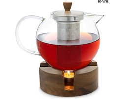 RFWR® Theepot met Houten Stoof en RVS Zeef - 1.3L Glazen Theepot