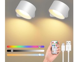 RGB wandlamp voor binnen - 2 stuks led wandlampen met USB-poort en touch-bediening - 360 graden draaibaar - 16 helderheidsniveaus - 3 temperaturen (wit) wandlamp oplaadbaar
