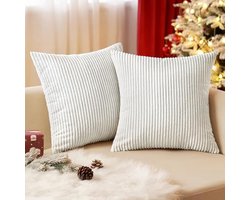 Ribfluweel Kussenhoezen Gestreept 50x50 cm – Set van 2 – Gebroken Wit – Zachte Decoratieve Sierkussenslopen