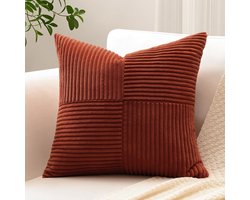 Ribfluwelen Kussenhoes - Met Kruisstreep Patroon en Patchwork Design - Decoratief voor Woonkamer - Donkerroest 40x40 cm