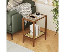 Rieten Bijzettafel Boho Stijl voor Slaapkamer en Woonkamer, Mid Century Modern, Met Opslag en Glazen Bovenkant