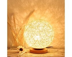 Rieten Bol Tafellamp Voor Slaapkamer - Warm Geel Licht Met Dimbare Helderheid - Usb Oplaadbaar Met Houten Basis - Sfeerverlichting