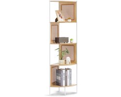 Rieten Hoek Boekenrek, 5-laags Ladder Rek met Metaalframe, Smal Open Wand Hoek Rek voor Bibliotheek, Vergaderzaal, Kantoor, Werkruimte, Natuurlijk en Stijlvol