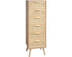 Rieten Ladekast voor Slaapkamer, Hoge Kast met 6 Handgemaakte Rieten Lades, Ideaal als Nachtkastje met Houten Poten, Natuurlijke Look voor Jouw Interieur