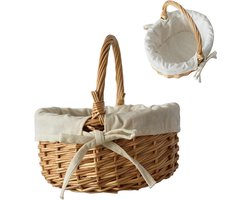 Rieten mand met handvat - paasmandje - met stoffen - Ovale picknickmand - Handgevlochten Rieten Mand - picknickmand - rotanmand - kleine paasmand - gevlochten bloemenmand - Fruit Mand - voor feest en decoratie - 20x 17 x 11 cm