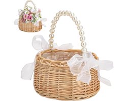 Rieten Mand met Parel Handvat - Paasmandje - Waterdichte Voering - Strooimandje Bruiloft - Picknickmand Rieten - Gevlochten Bloemenmand - Fruit Mand - Decoratief Rotanmandje met Lint - Picnic Pasen Decoratie - Handgeweven - Klein - 19 x 9 cm