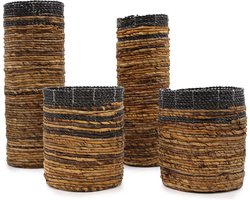 Rieten Manden Set - 4 Stuks - Donker Bruin & Zwart - Bananenblad - Hoge Ronde Manden & Vazen