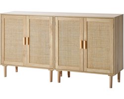 Rieten opbergkast, set van 2, 4 magnetische deuren, verstelbare planken, dressoir-buffetkast voor hal, woonkamer, natuurlijke houten afwerking