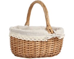 Rieten Picknickmand Met Handvat, Picknickmand En Afneembare Voering, Draagbare Mand Opslag, Retro Handgeweven Mand, Geschikt Voor Picknick, Kamperen, Groente Plukken (Effen Kleur, Zonder Deksel)