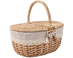 Rieten Picknickmand Met Handvat, Picknickmand Met Deksel En Afneembare Voering, Draagbare Mand Opslag, Retro Handgeweven Mand, Geschikt Voor Picknick, Kamperen, Groente Plukken (Met Deksel)