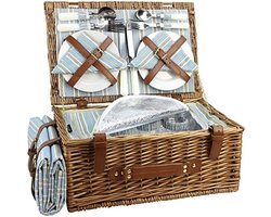 Rieten picknickmand set voor 4 personen - grote wilgenmand met geïsoleerd koelvak, inbegrepen waterdichte deken en bestekset - klassiek bruin