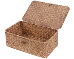 Rieten plankmanden met deksel - handgeweven opbergmanden - 2 stuks - koffiebruin - zeegras