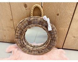 Rieten Spiegel Rond - Ø28 cm - Srimit Grey Riet - Wandspiegel met Touw - Landelijke Stijl - Decoshoppen.nl