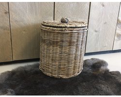 Rieten Voorraadpot L- Ø25xH25 cm - Greywash - Opbergpot met Deksel - Handgevlochten - Decoshoppen.nl - Landelijke Stijl