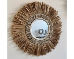 Rieten Wanddecoratie met Spiegel Ø40cm - Spiegel Bali - Wandbord - Wanddecoratie Rond met Schelpen - Muurdecoratie Bohemian - Ibiza stijl - Boho