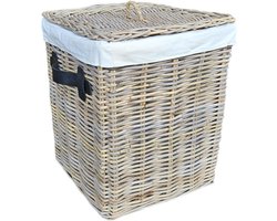 Rieten Wasmand 42cm | Deksel & Linnen Voering | Zwarte Leren Handgrepen | Handgemaakt Indonesië