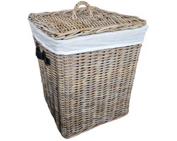 Rieten Wasmand Groot 50cm | Deksel & Linnen Voering | Zwarte Leren Handgrepen | Handgemaakt Indonesië