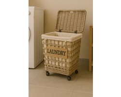Rieten Wasmand op Wielen Klein | Deksel, Linnen Voering & Leren Sluiting | Handgemaakt Indonesië