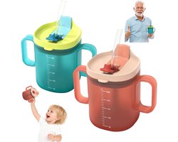 Rietjesbeker - Waterbeker voor ouderen - 2 stuks - 300 ml - Drinkbeker voor Baby en Kind - Waterbekers voor senioren met tuit - met 2 handgrepen - Anti-Lek Drinkbeker - Simple Clean - Vaatwasser - Oranje - blauw