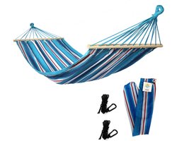 Rijoka Hangmat Large met Spreidstok - 200x140cm - Blauw Gestreept - 1 Persoons - Incl. 2 Haken, Touw én Opbergzak - Blauw