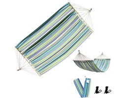 Rijoka Hangmat Large met Spreidstok – 200x140cm – Groen/Blauw/Bruin Gestreept – 1 Persoons – Incl. 2 Haken, Touw én Opbergzak – Jungle