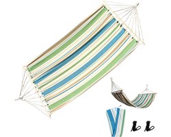 Rijoka Hangmat Large met Spreidstok – 200x140cm – Licht Groen/Blauw Gestreept – 1 Persoons – Incl. 2 Haken, Touw én Opbergzak – Ocean