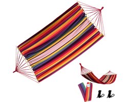 Rijoka Hangmat Large met Spreidstok – 200x140cm – Oranje/Rood/Paars Gestreept – 1 Persoons – Incl. 2 Haken, Touw én Opbergzak – Sunset