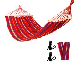 Rijoka Hangmat Large met Spreidstok- 200x140cm – Rood Gestreept – 1 Persoons – Incl. 2 Haken, Touw én Opbergzak