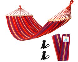 Rijoka Hangmat Large met Spreidstok- 200x140cm – Rood Gestreept – 1 Persoons – Incl. 2 Haken, Touw én Opbergzak - Rood