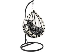 Rijoka Hangstoel Eggy Original Schommelstoel – Zwart / Wit Rattan - Zwart Frame - Zwart Cirkel Kussen - Medium - Voor personen 1.60m Max.