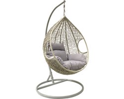 Rijoka Hangstoel Eggy Twisted Schommelstoel – Grijs Rattan - Grijs Kussen - Medium - Voor personen 1.60m Max.