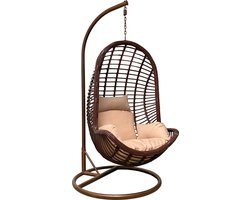 Rijoka Hangstoel Ragna Original Schommelstoel – Khaki kussen - Bruin Rattan - Bruin Frame