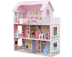 Rijoka Houten Poppenhuis Classic Roze | Meubelset 8pcs | 3 Verdiepingen | 62x27x70cm