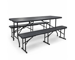 Rijoka Inklapbare Picknicktafel – Houtlook Design – Klaptafel met 2 Klapbanken – Biertafel 6 tot 8 personen – Draagkracht 150kg - Antraciet