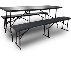 Rijoka Inklapbare Picknicktafel – Houtlook Design – Klaptafel met 2 Klapbanken – Biertafel 6 tot 8 personen – Draagkracht 150kg - Taupe