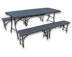 Rijoka Inklapbare Picknicktafel - Rattan Design - Klaptafel met 2 Klapbanken - Biertafel 6 tot 8 personen - Draagkracht 150kg - Taupe