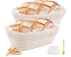 Rijsmand - Broodmand Brood Bakken - 2 stuks - Ovaal Rijsmandje voor Broodbakken - Banneton - met Deegschraper en siliconenoliekwast - voor Zelfgebakken Brood - 25x15x8,5 cm