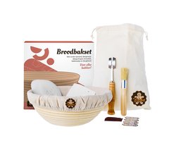 Rijsmand met Deegschraper en Broodzak - Rond Rijsmandje Broodbakken geschikt voor Zuurdesem - Broodmand Brood Bakken - Set met Deegsnijder Deegmesje Deegsteker Deegkleed - voor Zelfgebakken Brood