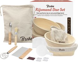 Rijsmand met Deegschraper en Broodzak voor Broodbakken - Rond en Ovaal Rijsmandje geschikt voor Zuurdesem - Broodmand Brood Bakken - Set met Deegsnijder Deegmesje Deegsteker Deegkleed Deense Deegklopper - voor Zelfgebakken Brood