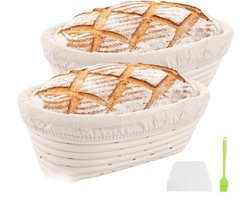 Rijsmandje broodbakken - 2 stuks - Rijsmand - Rijsmandje ovaal - Banneton - Rijsmandje zuurdesembrood - Met Deegschraper en siliconenoliekwast - Inclusief Deegkleed - 25x15x8 cm