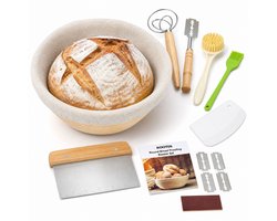 Rijsmandset voor broodbakken-Rijsmandje - Ronde rotan banneton - 25 cm diameter x 8 cm hoog- Met stoffen voering, deegschrapers, deegklopper en deegmesje-Naturel-Zuurdesem starter set–Brood Bakset–Bakgereedschap voor Brood en Bakken–Voor Thuisbakkers