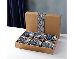 Rijstkom - Kommen - Set van 6 kommen - Schaal - Soepkom - Kommenset - ø11,3 cm - Geschenkset - Blauw - Japanse stijl